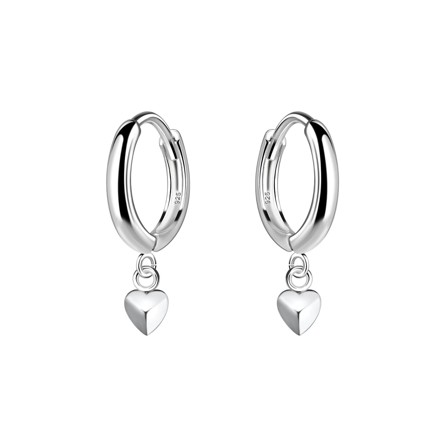 Sterling Silver Heart Charm Huggie Hoop Earrings by Melchior Jewellery in polished silver finish