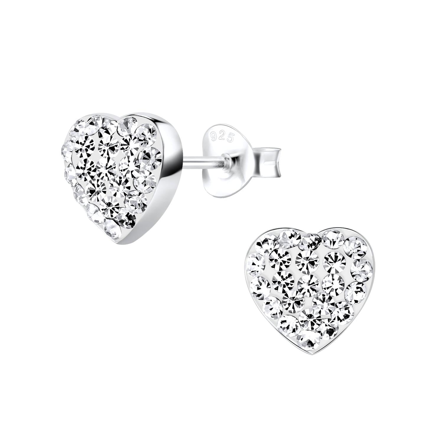 Sterling silver heart stud earrings with clear crystal detailing for women by Melchior Jewellery