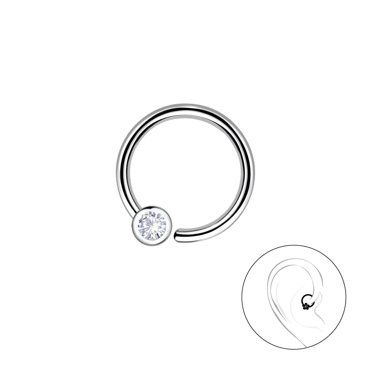 sterling silver Helix Piercing Single CZ Hoop with clear cubic zirconia for ear cartilage