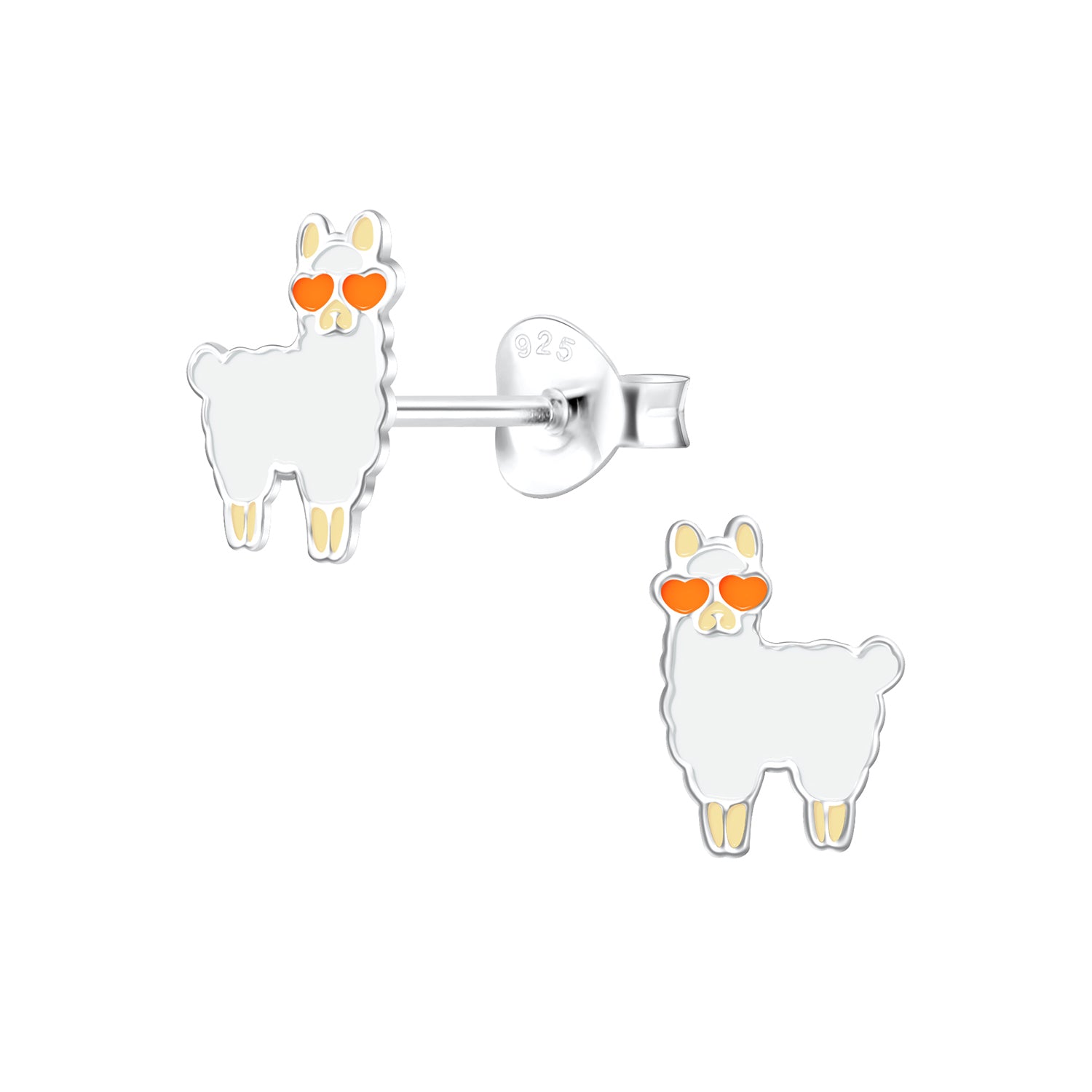 Sterling silver llama stud kids earrings with orange heart-shaped eyes and gold details