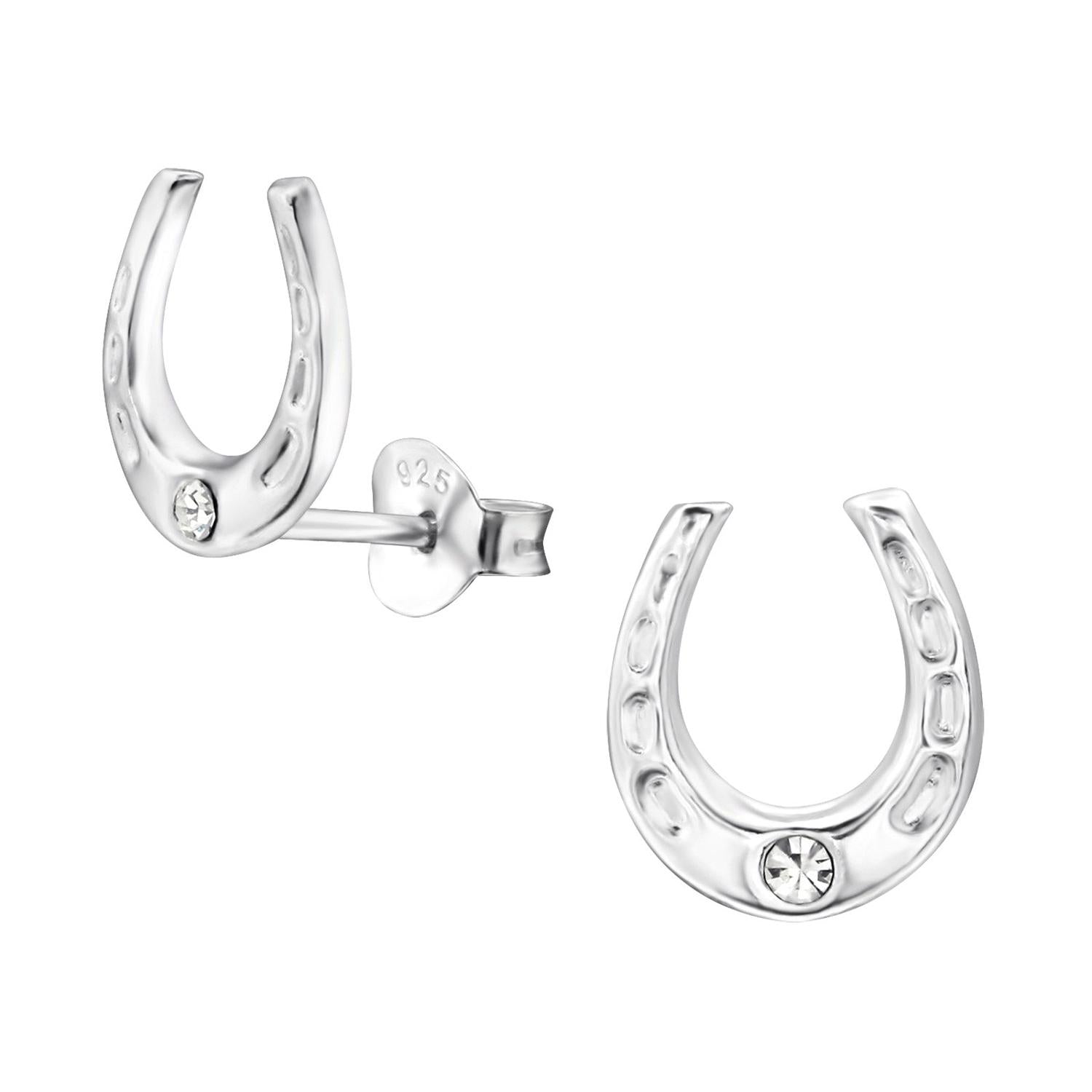 Sterling silver Lucky Horseshoe Stud Earrings with crystal detail for women by Melchior Jewellery
