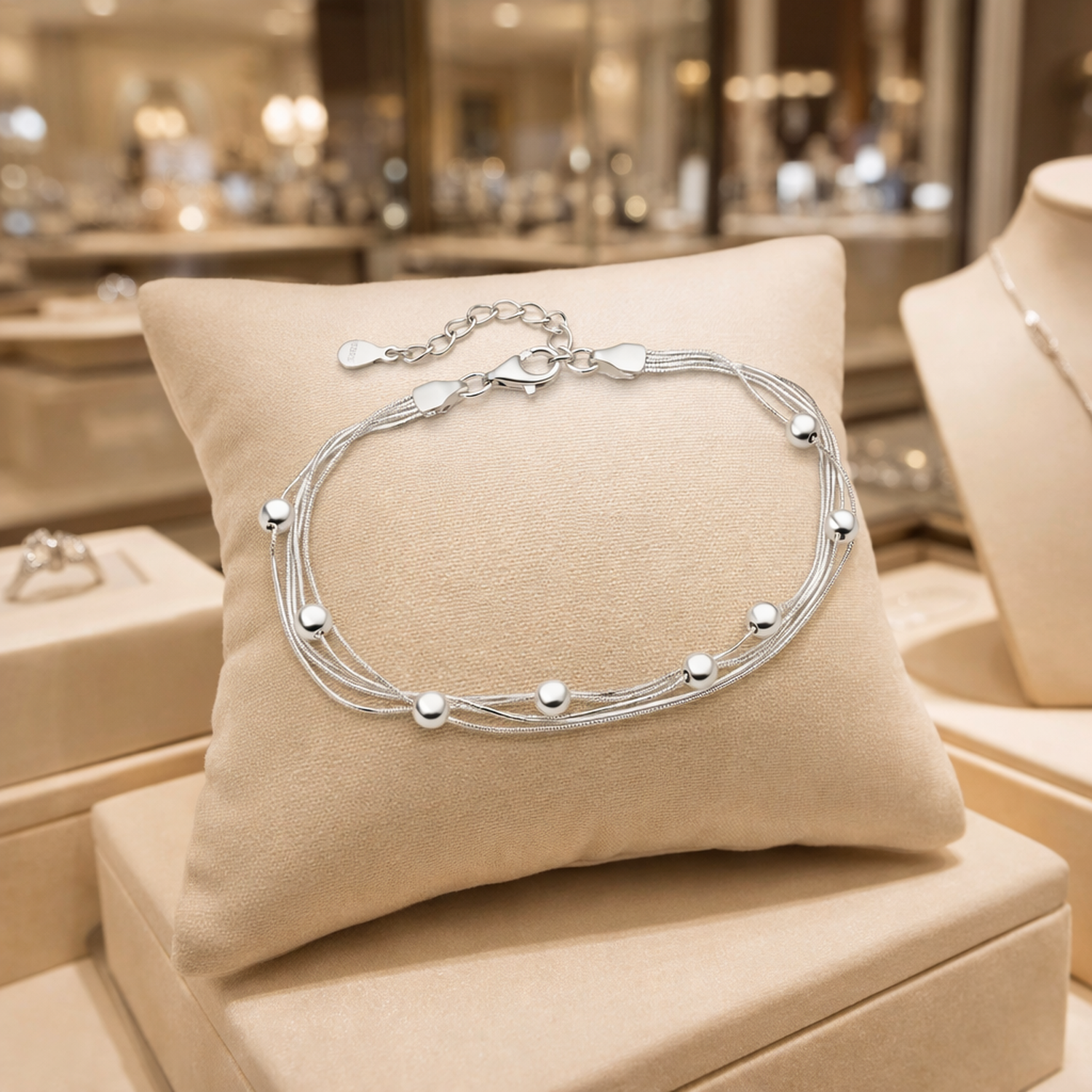 Melchior Jewellery sterling silver Multi Strand bead bracelet displayed on beige cushion in jewellery store