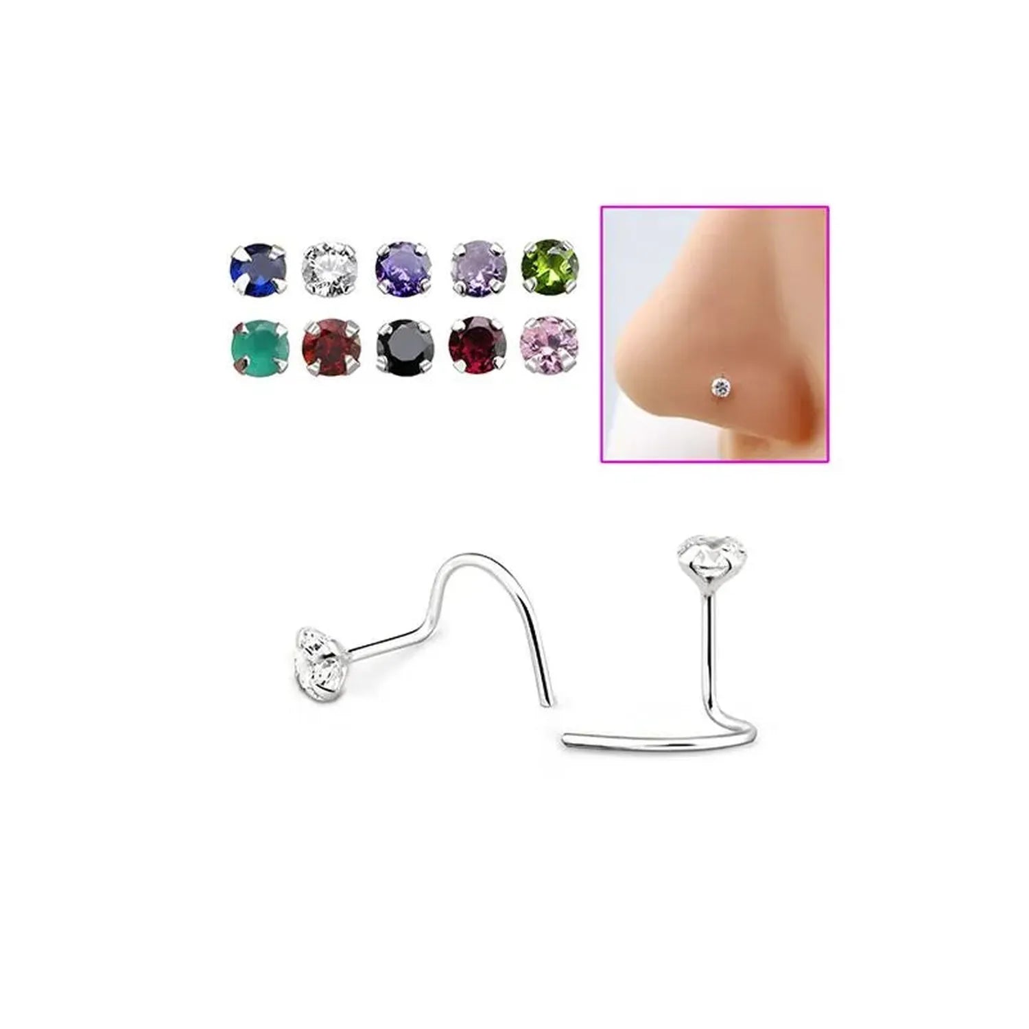 Sterling silver nose screw with clear gemstone from Melchior Jewellery for comfortable and stylish nose piercing