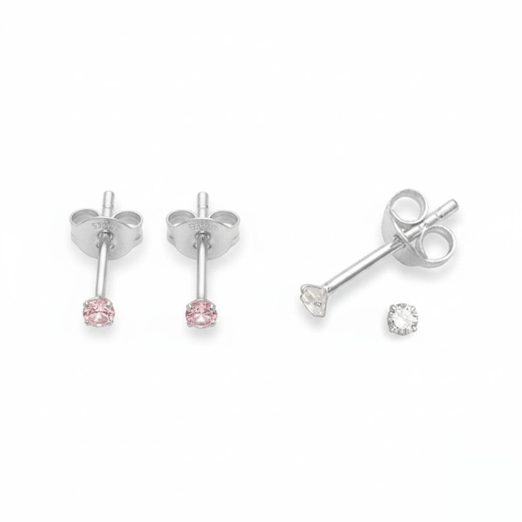 Melchior Jewellery sterling silver pink and clear stud earrings pair with butterfly backs