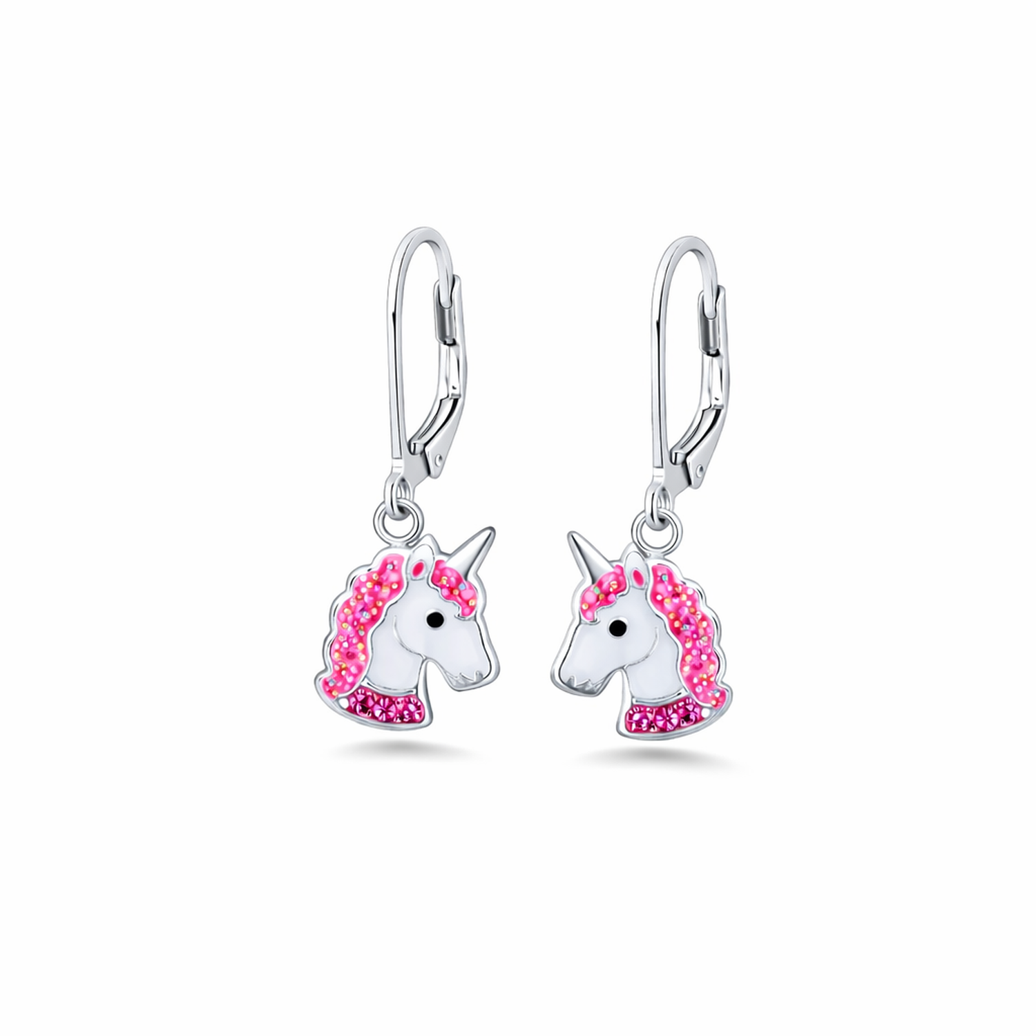 sterling silver pink unicorn earrings with crystal details for children by Melchior Jewellery