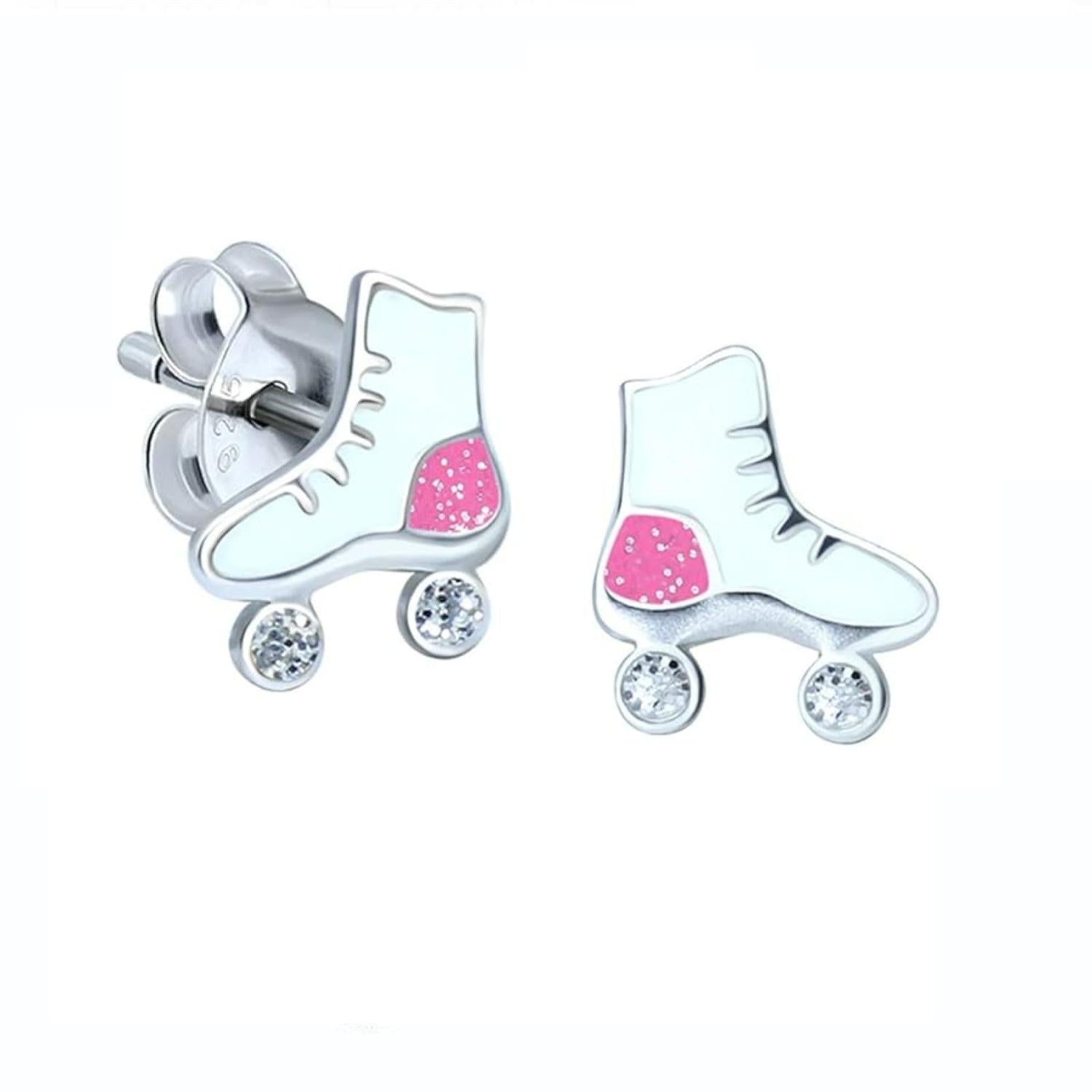 Sterling silver white and pink Roller Skate Stud Earrings for children by Melchior Jewellery