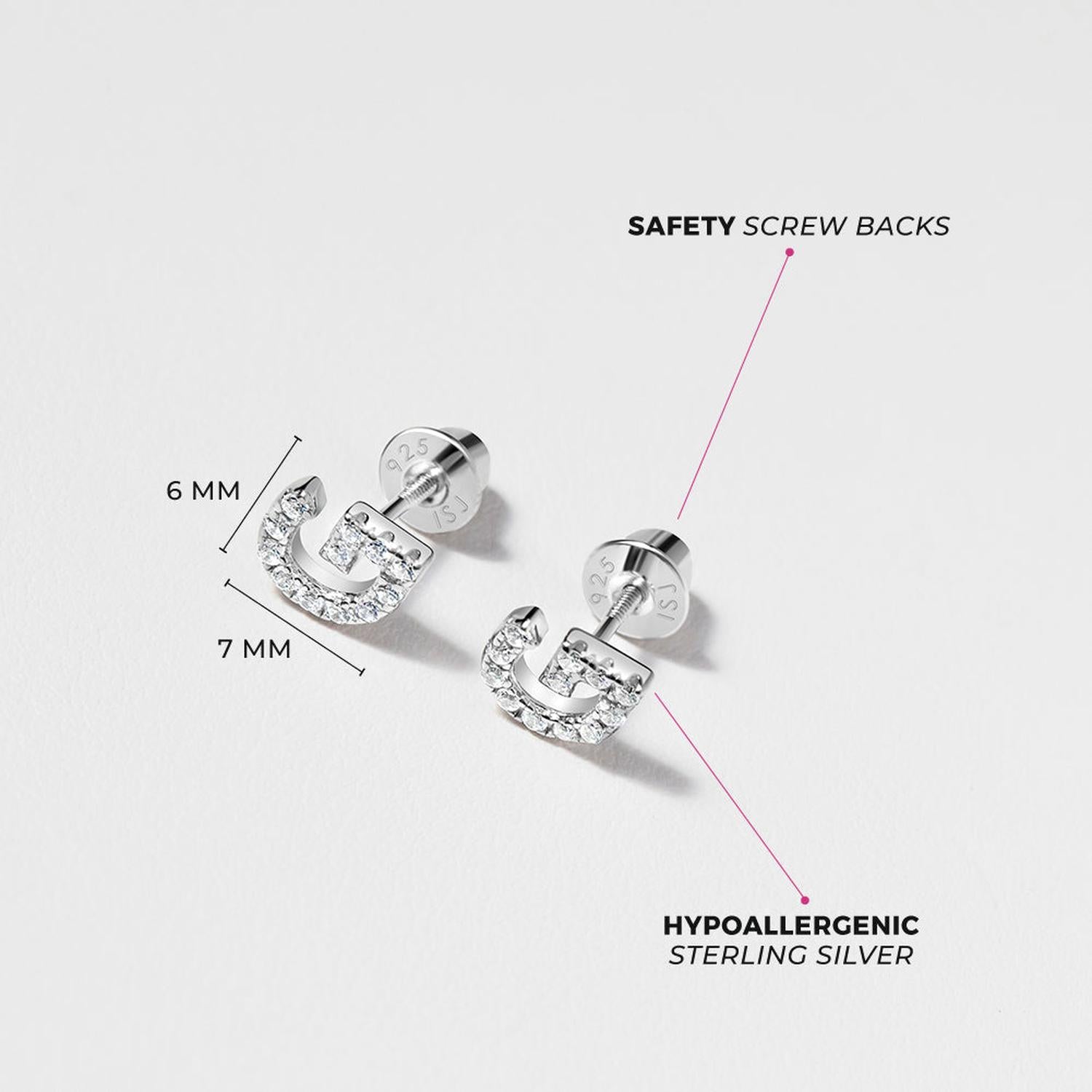 Girls sterling silver initial G earrings with clear stones and safety screw backs, hypoallergenic and 7 by 6 mm