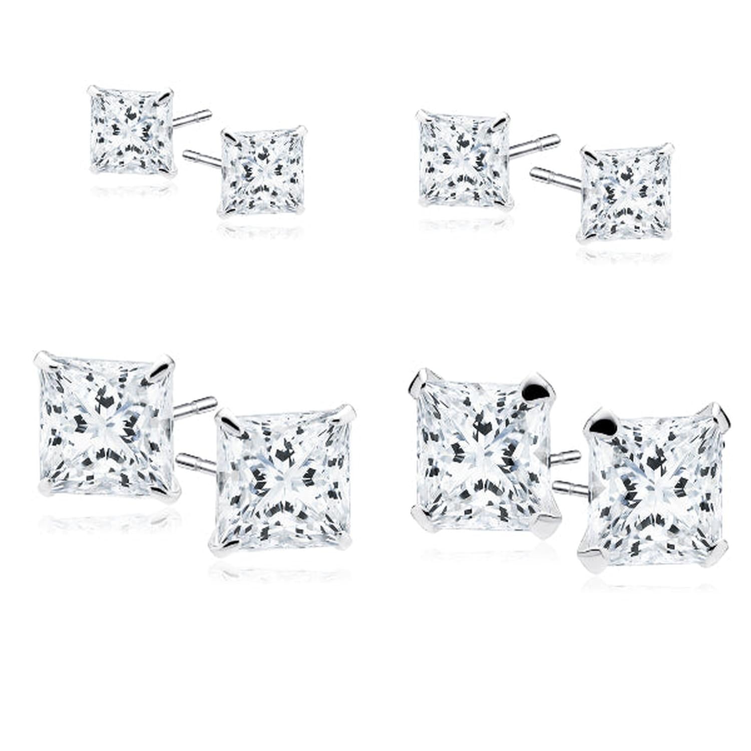 Melchior Jewellery sterling silver square stud earrings in various sizes featuring clear sparkling stones