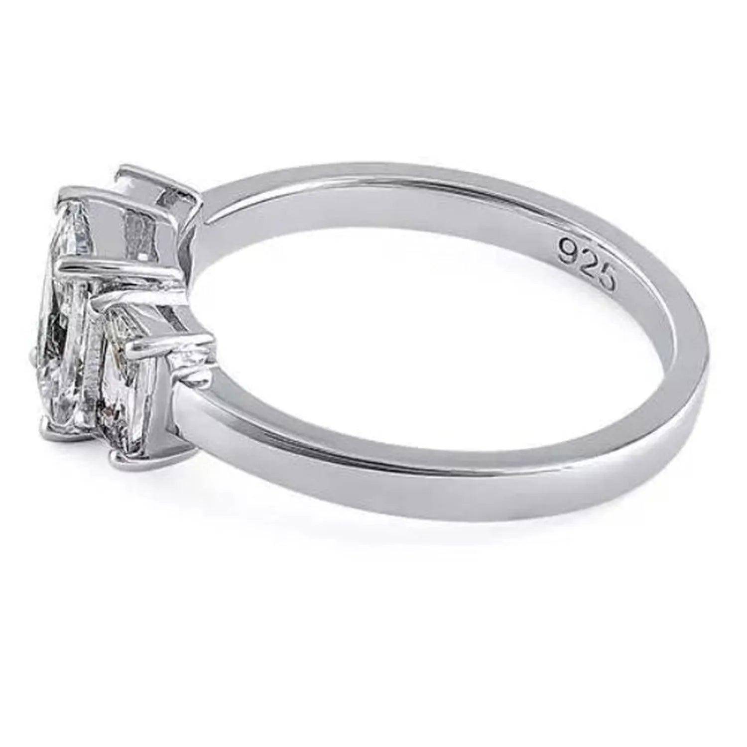 Melchior Jewellery sterling silver triple stone engagement ring with clear gemstones and 925 stamp