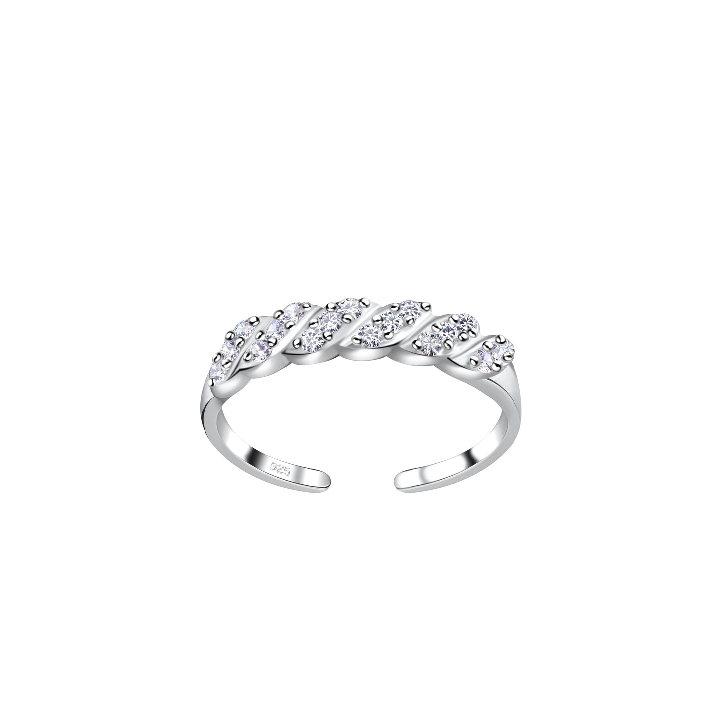 Sterling silver toe ring with twisted design and small sparkling stones by Melchior Jewellery