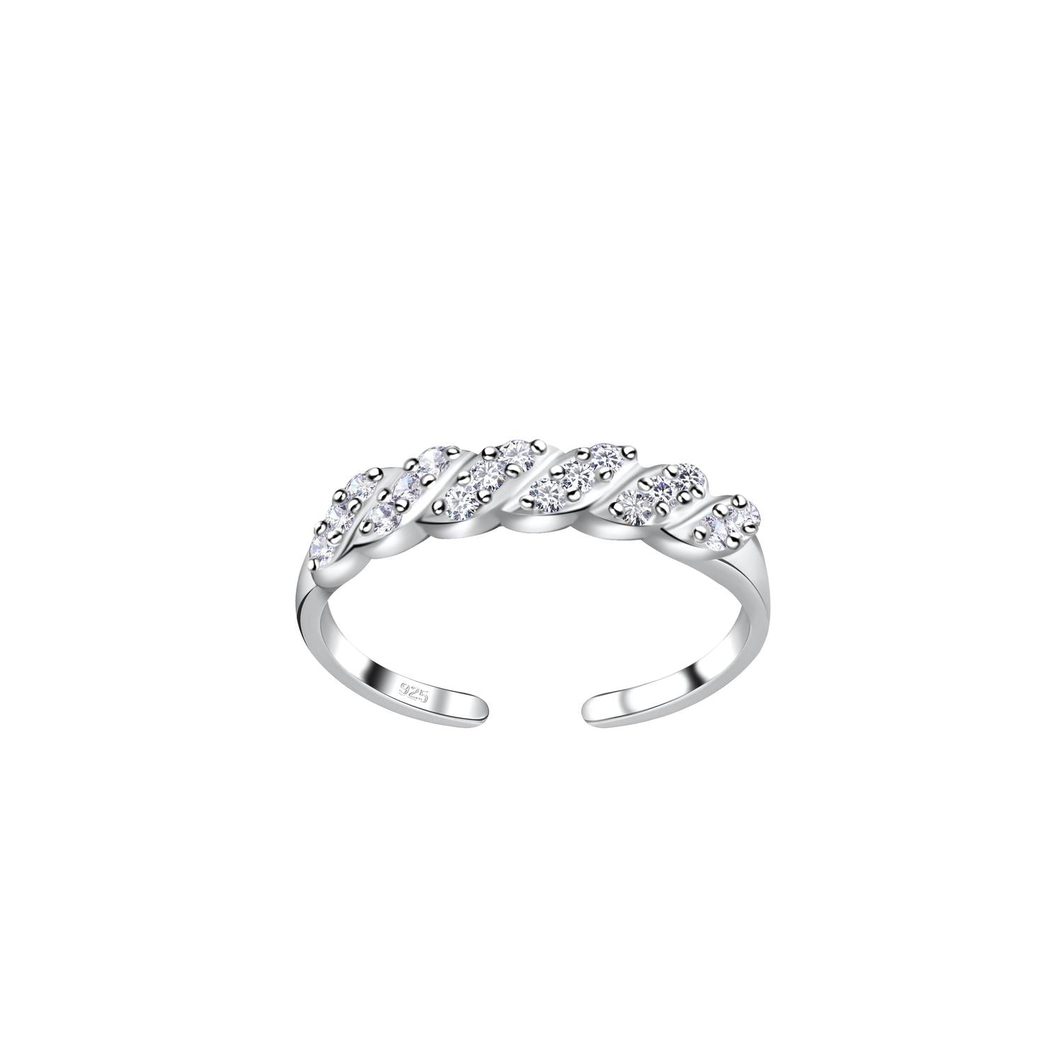 Sterling silver toe ring with twisted design and clear stones by Melchior Jewellery