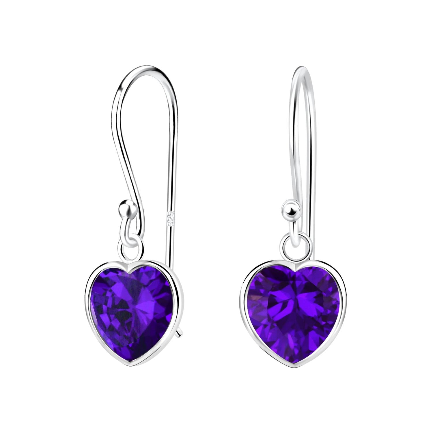sterling silver violet CZ heart earrings with purple heart-shaped cubic zirconia for women