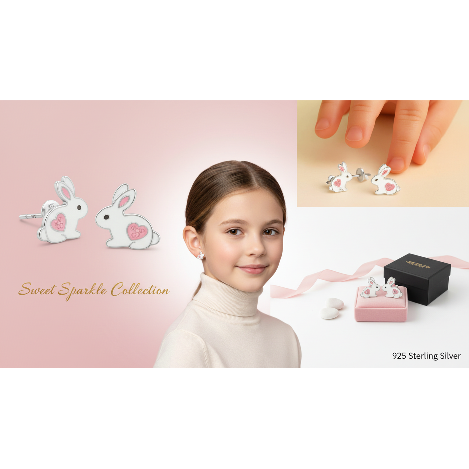 Sterling Silver Rabbit Earrings for children with pink heart details by Melchior Jewellery