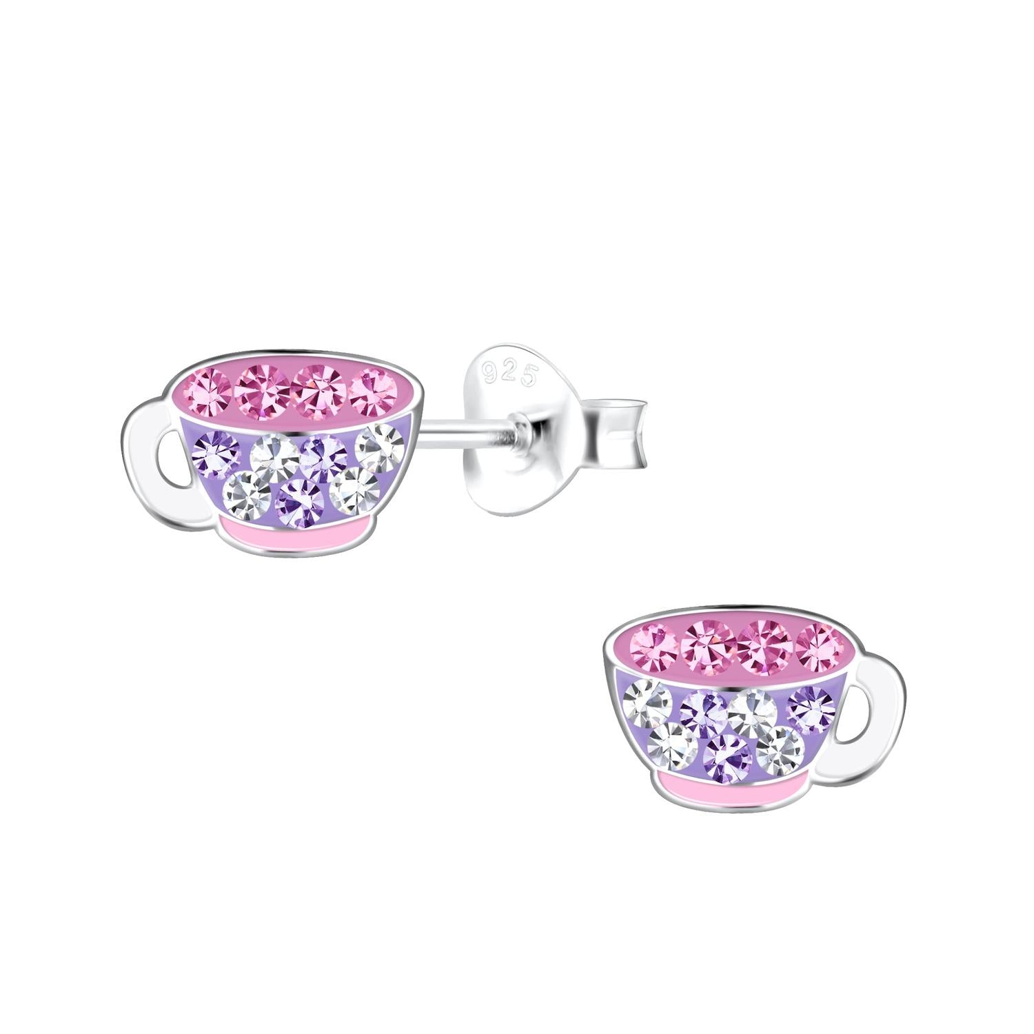 Sterling silver Childrens Silver Tea Cup Stud Earrings with pink and purple crystal detailing for girls