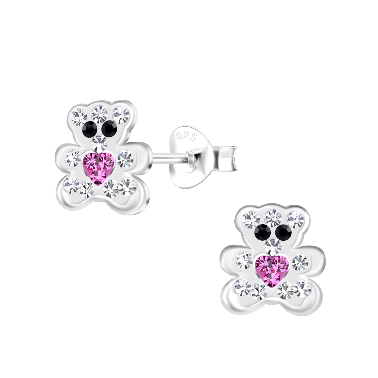 Silver Teddy Bear Stud Girls Earrings in sterling silver with pink and clear stones for children