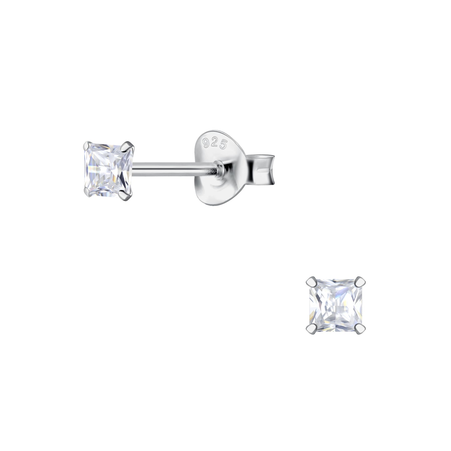 tiny CZ stud earrings 2mm with square-cut cubic zirconia in silver setting