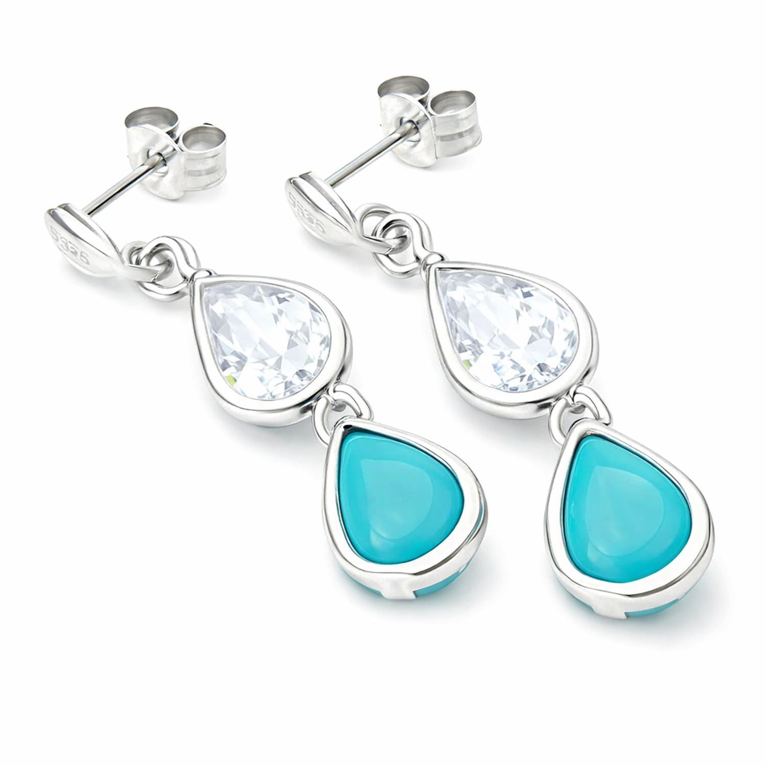 9ct white gold turquoise teardrop earrings with clear crystal and blue turquoise stones