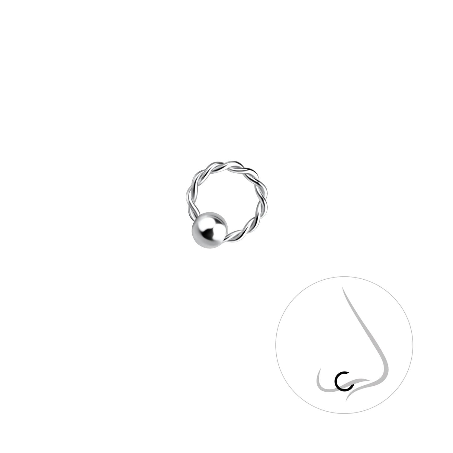 Sterling silver twisted nose ring with a polished ball end, designed for stylish nose piercing by Melchior Jewellery