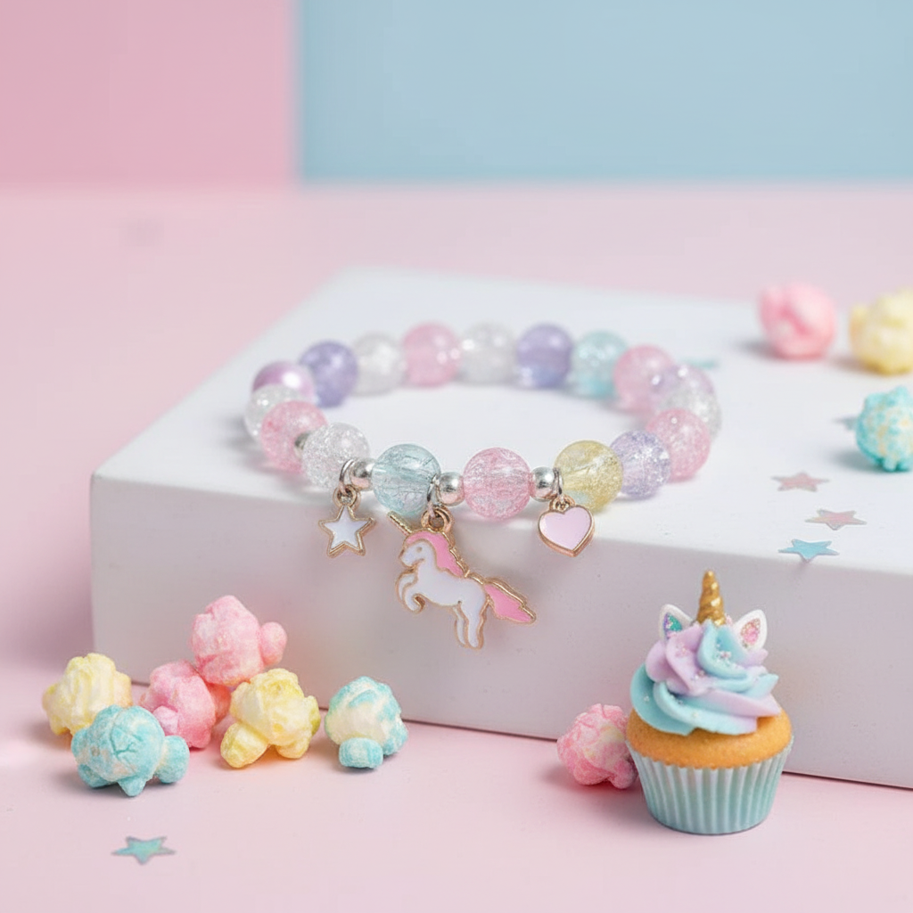 Pastel beaded bracelet with unicorn charm jewellery for girls featuring star and heart charms by Melchior Jewellery
