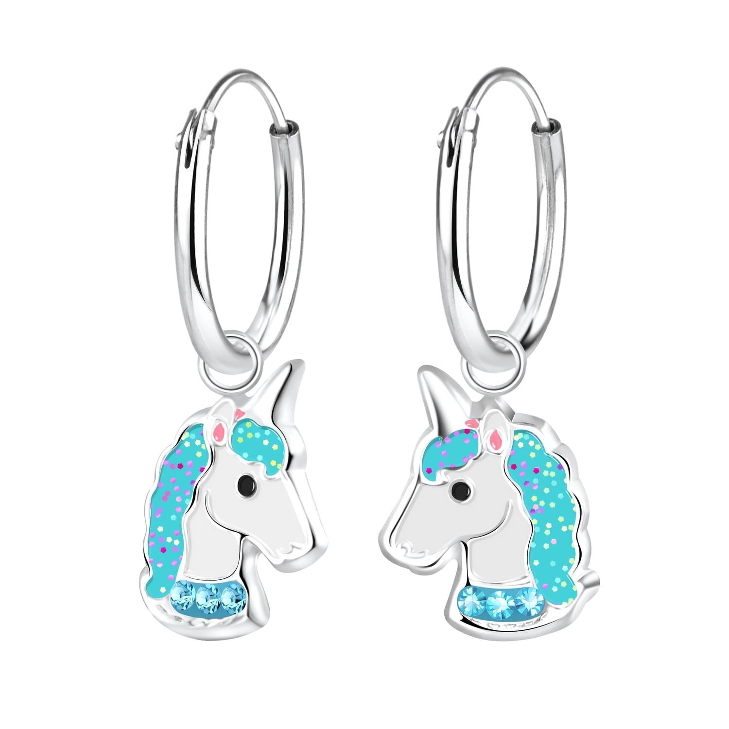 sterling silver childrens unicorn hoop earrings with turquoise and pink enamel details
