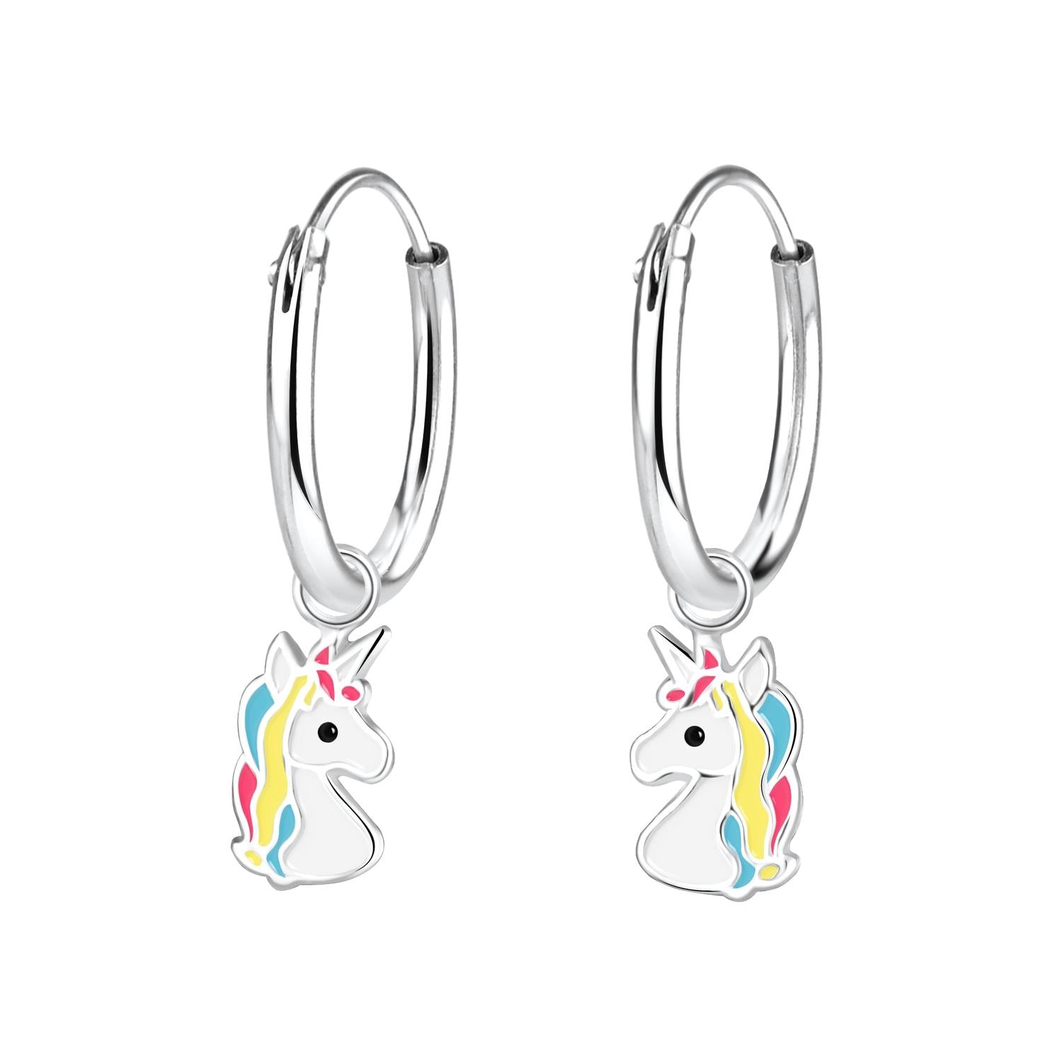 sterling silver girls unicorn hoop earrings with colourful enamel unicorn charms for children