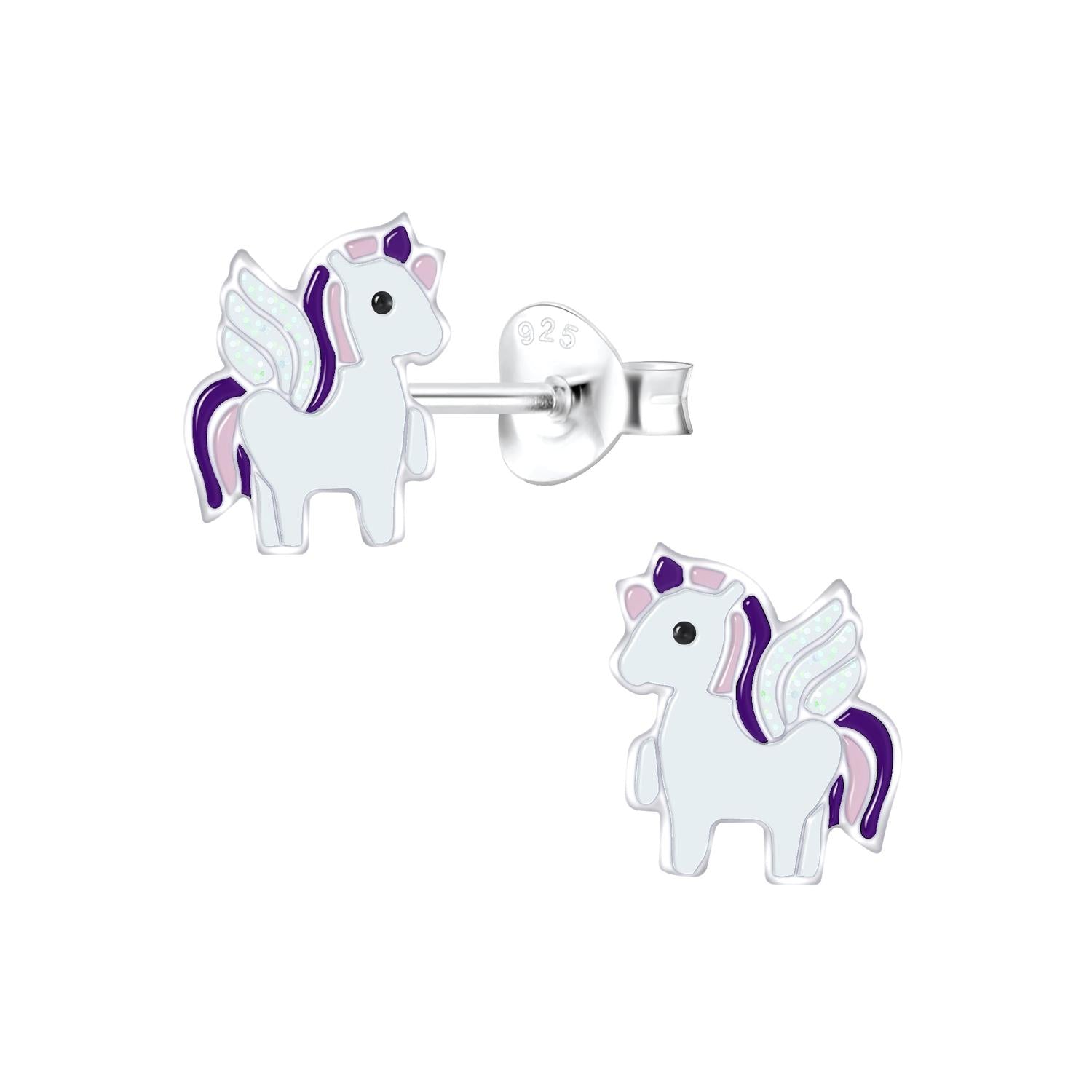 Girls sterling silver unicorn stud earrings in white and purple for children by Melchior Jewellery