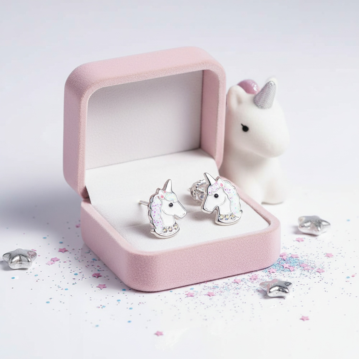 Sparkly unicorn screw back earrings for girls by Melchior Jewellery displayed in a pink box with unicorn decoration
