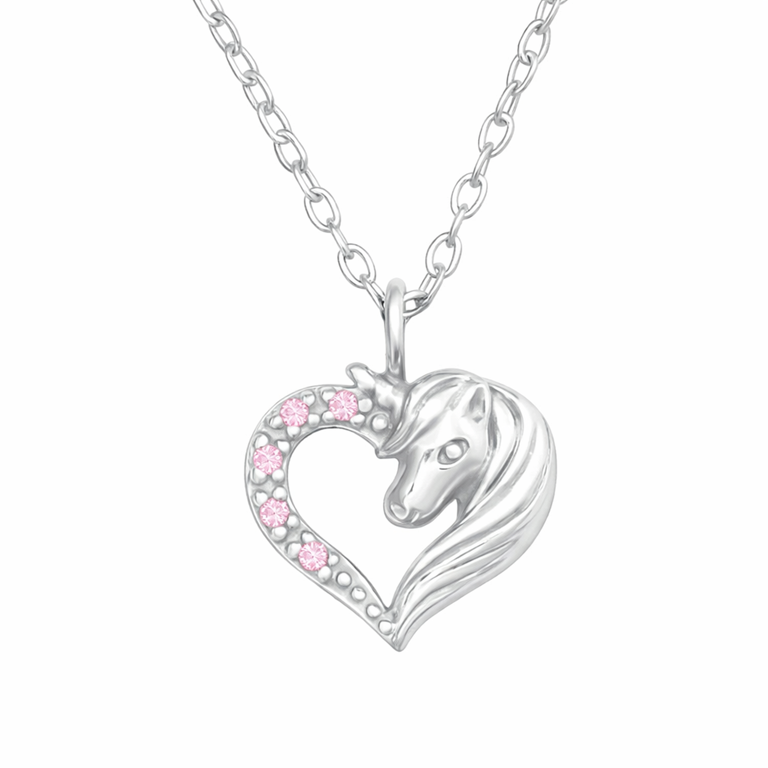 sterling silver girls unicorn necklace with pink stones heart pendant by Melchior Jewellery