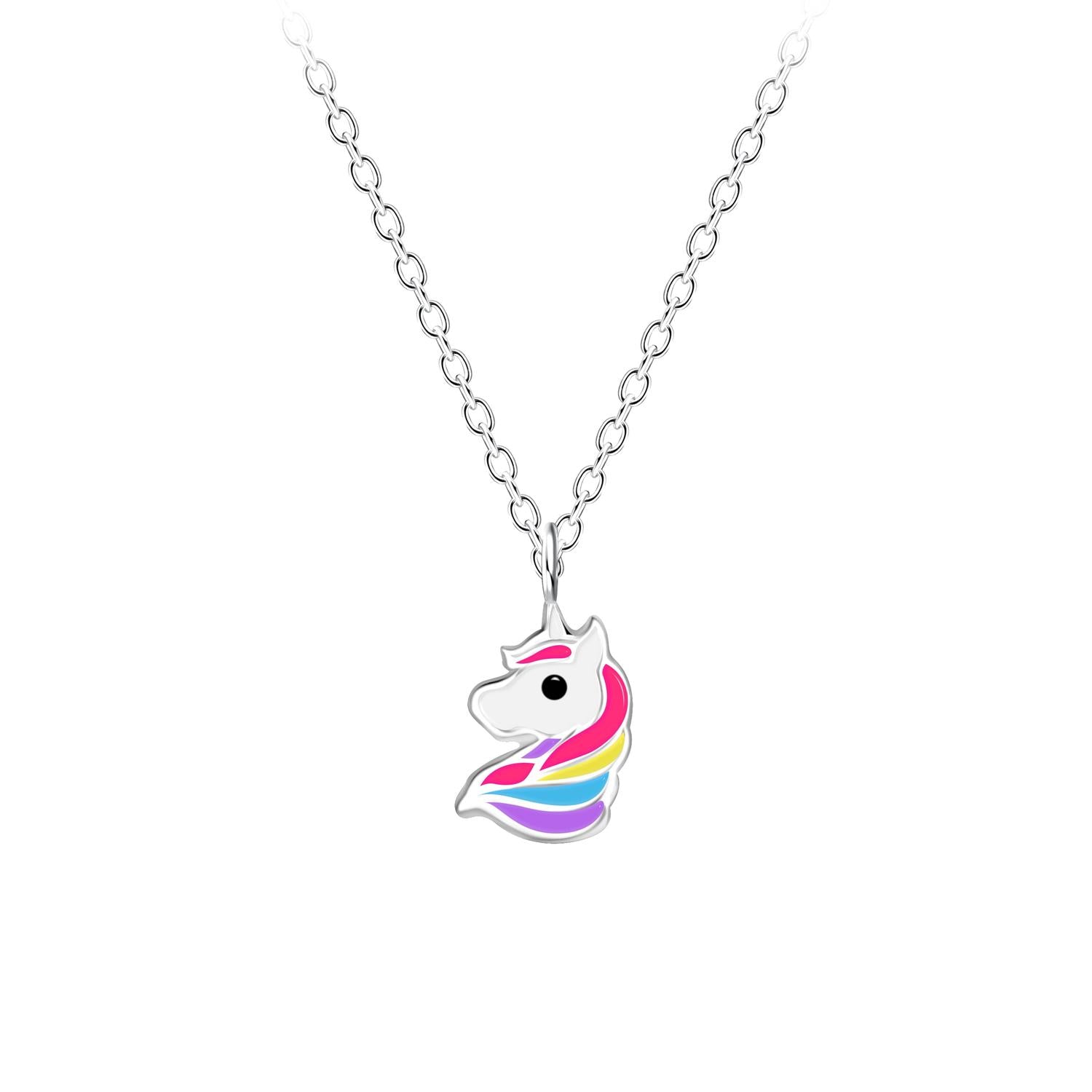 Silver unicorn necklace for girls with colourful pink, blue, yellow, and purple mane pendant by Melchior Jewellery