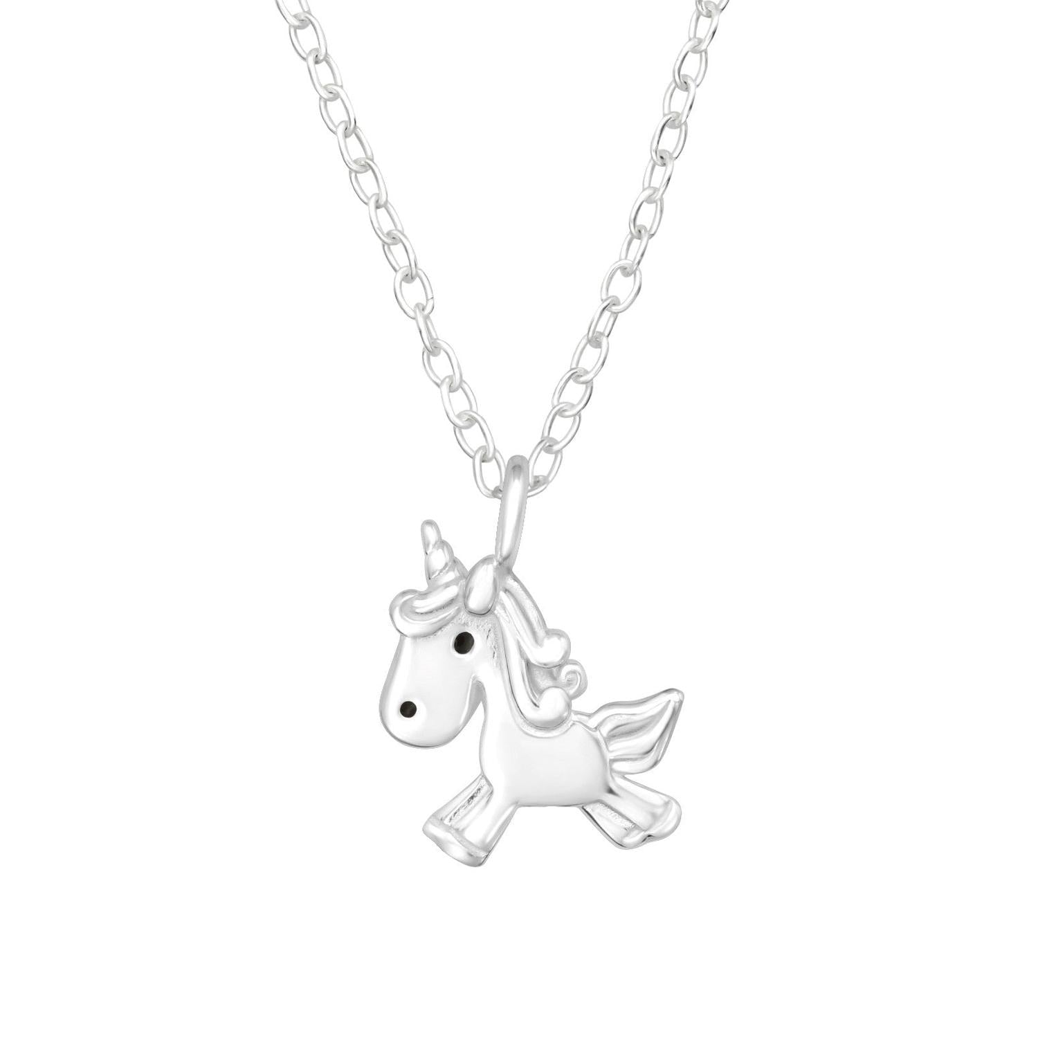 Childrens sterling silver plain unicorn necklace with a cute unicorn pendant on silver chain