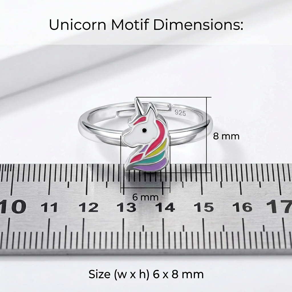 Unicorn sterling silver ring with colourful enamel unicorn motif for children by Melchior Jewellery