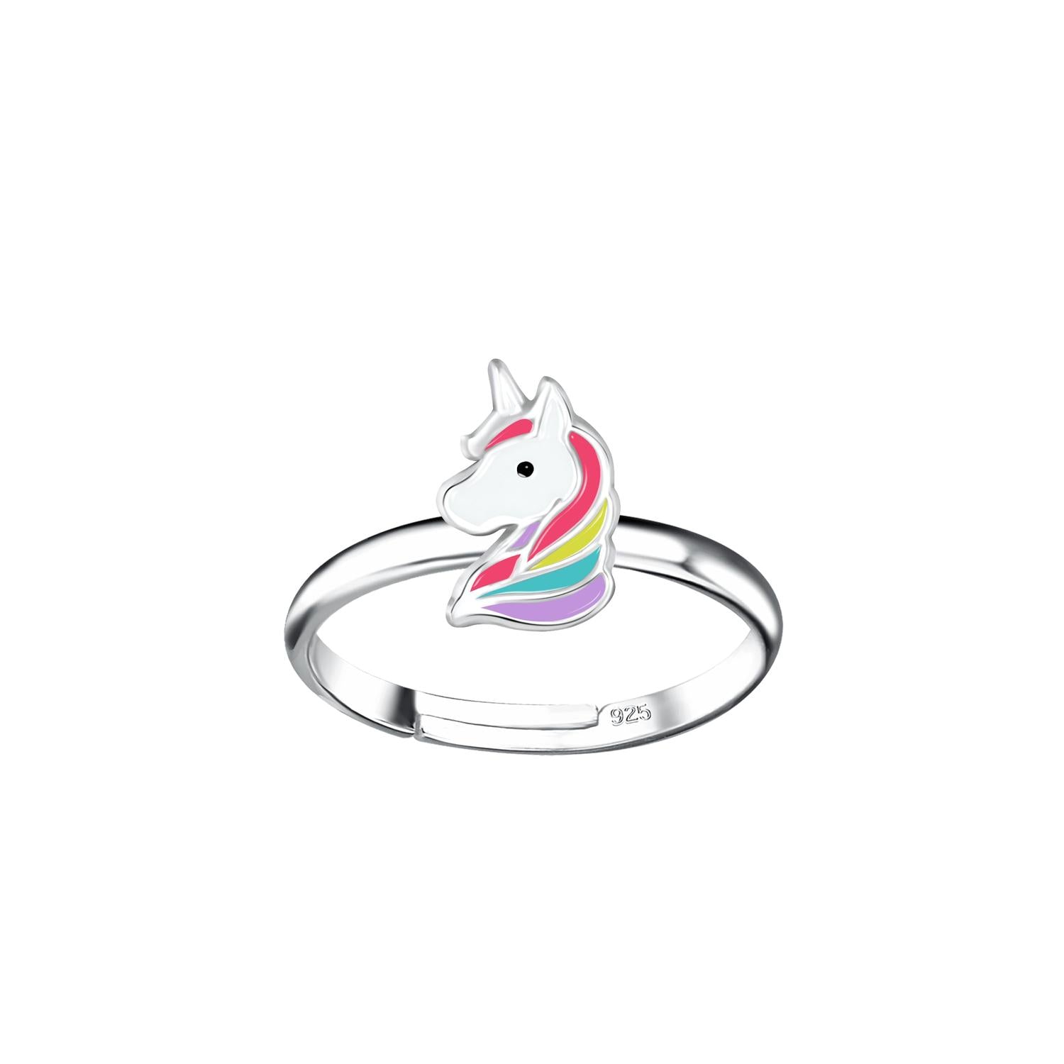 Unicorn sterling silver ring with colourful enamel mane for children by Melchior Jewellery
