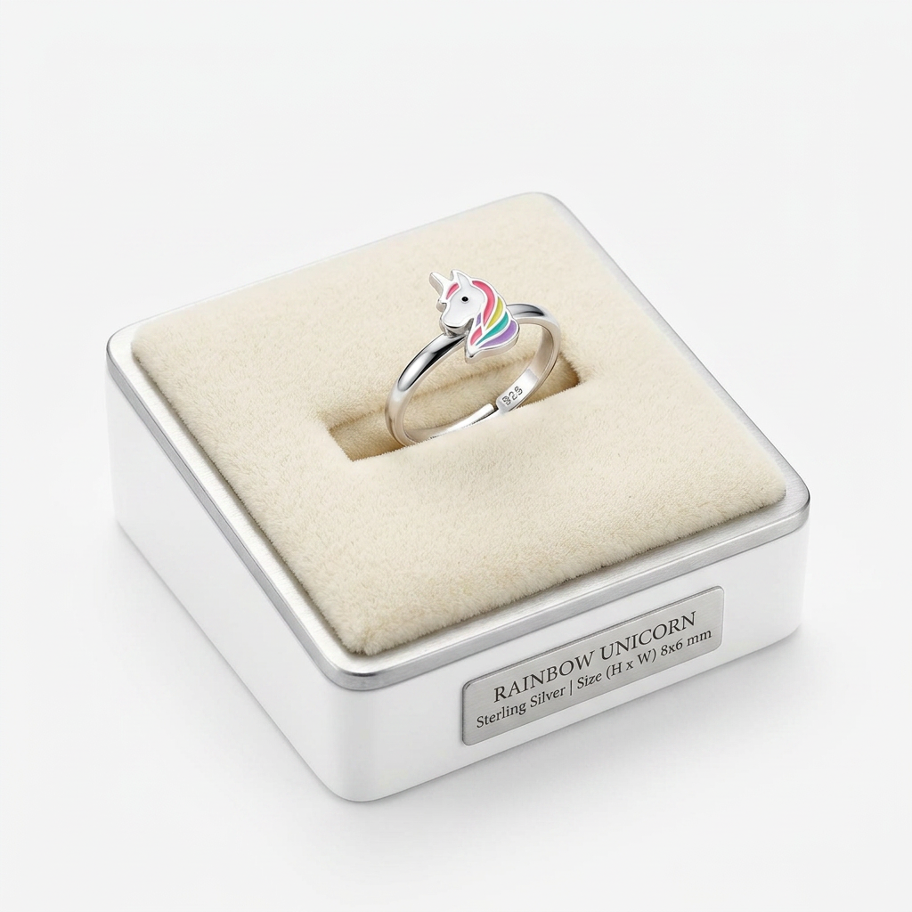 Unicorn sterling silver ring with rainbow detail for children by Melchior Jewellery in a cream display box