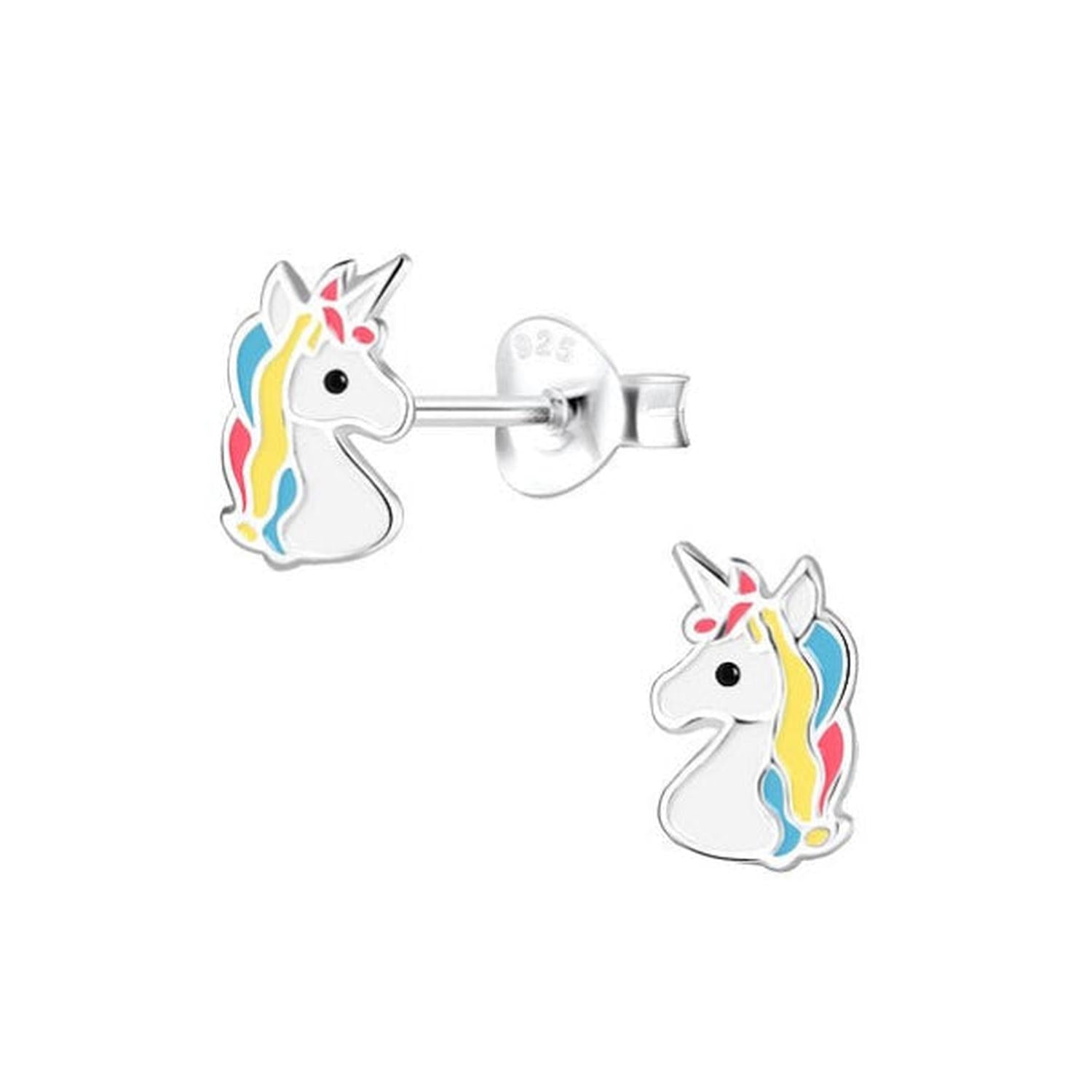 Melchior Jewellery rainbow unicorn stud earrings for kids in silver with colourful enamel details