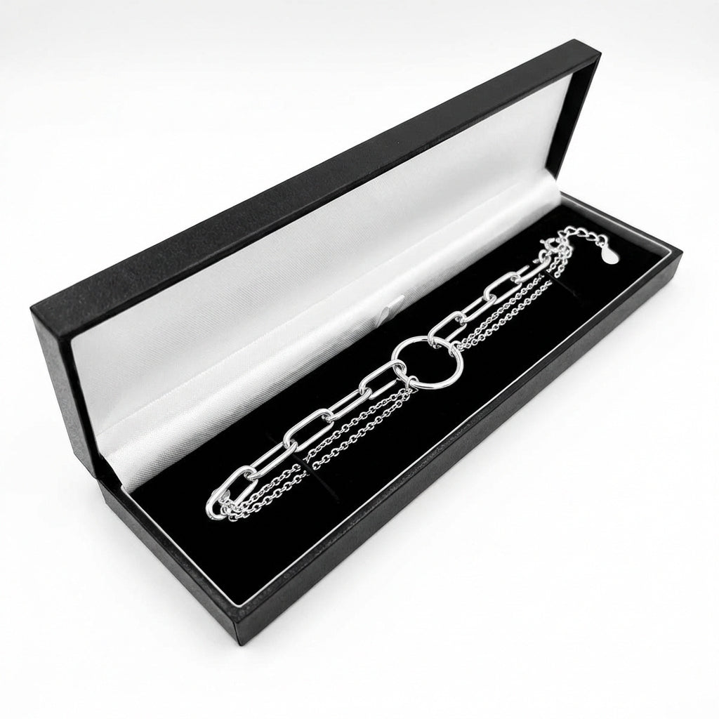 Sterling silver halo link bracelet by Melchior Jewellery in black presentation box