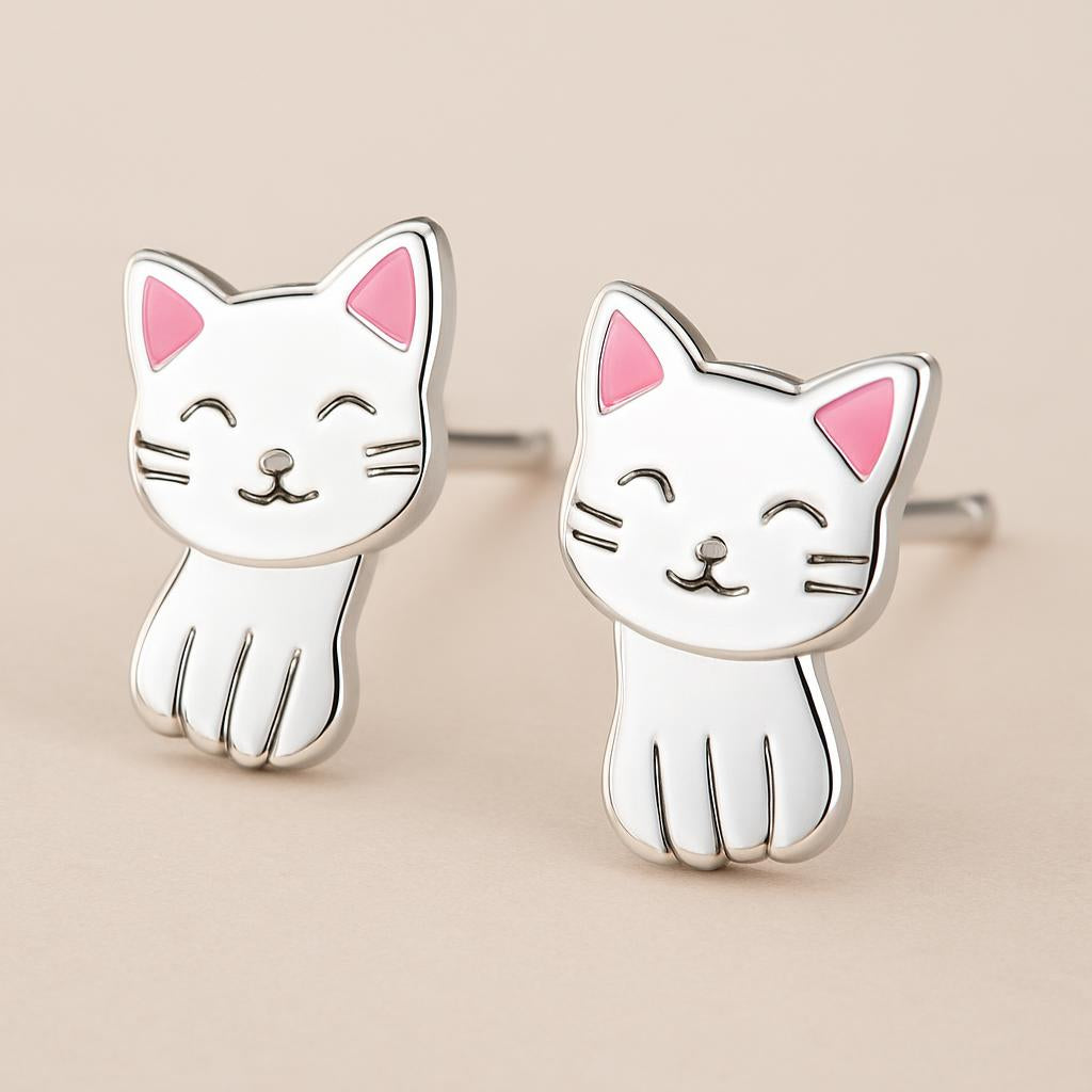 White cat stud earrings for kids by Melchior Jewellery with cute pink ear details and smiling faces