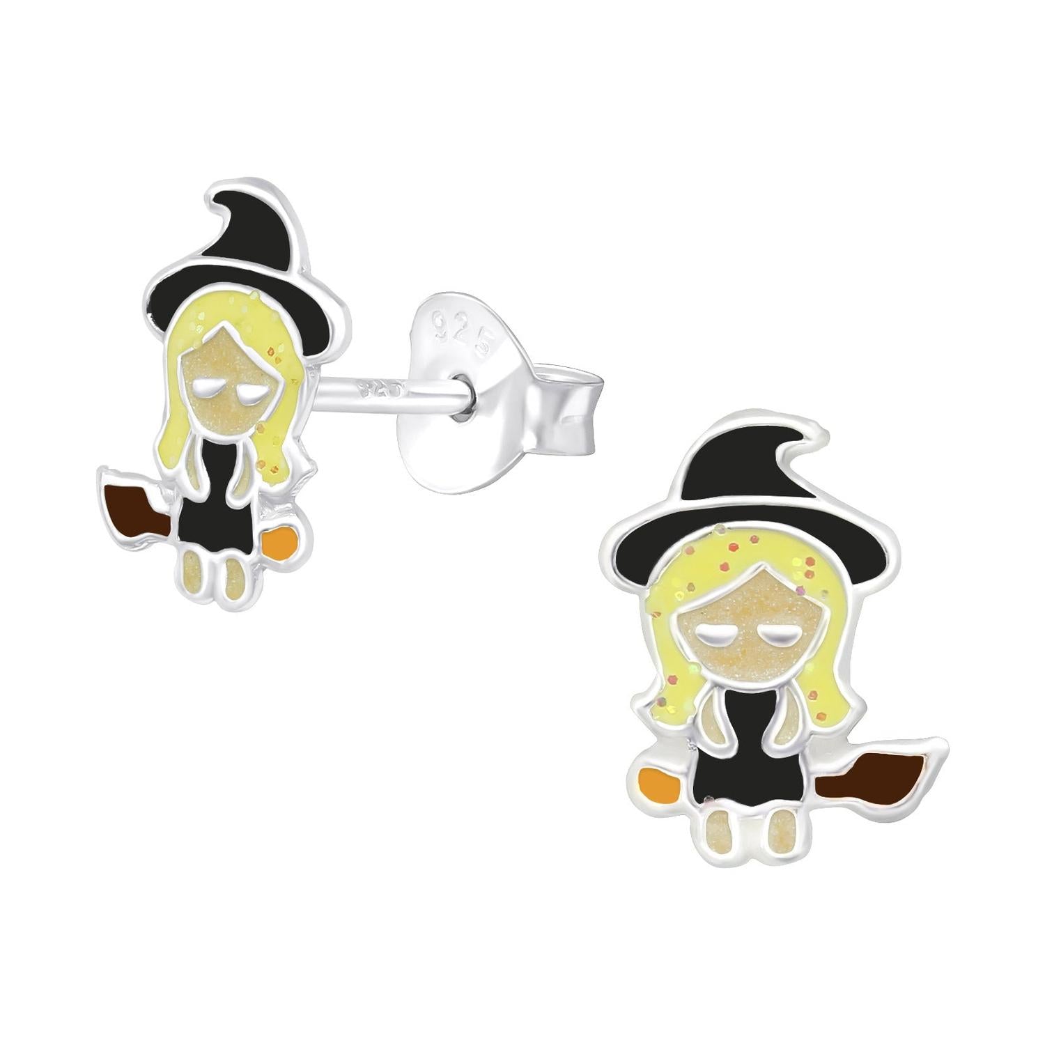 Melchior Jewellery glitter witch earrings with black hats, blonde hair, and brown brooms in silver stud design