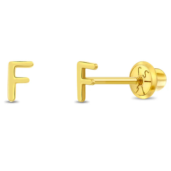 Childrens 14k Gold Initial Letter F Girls Screw Back Earrings