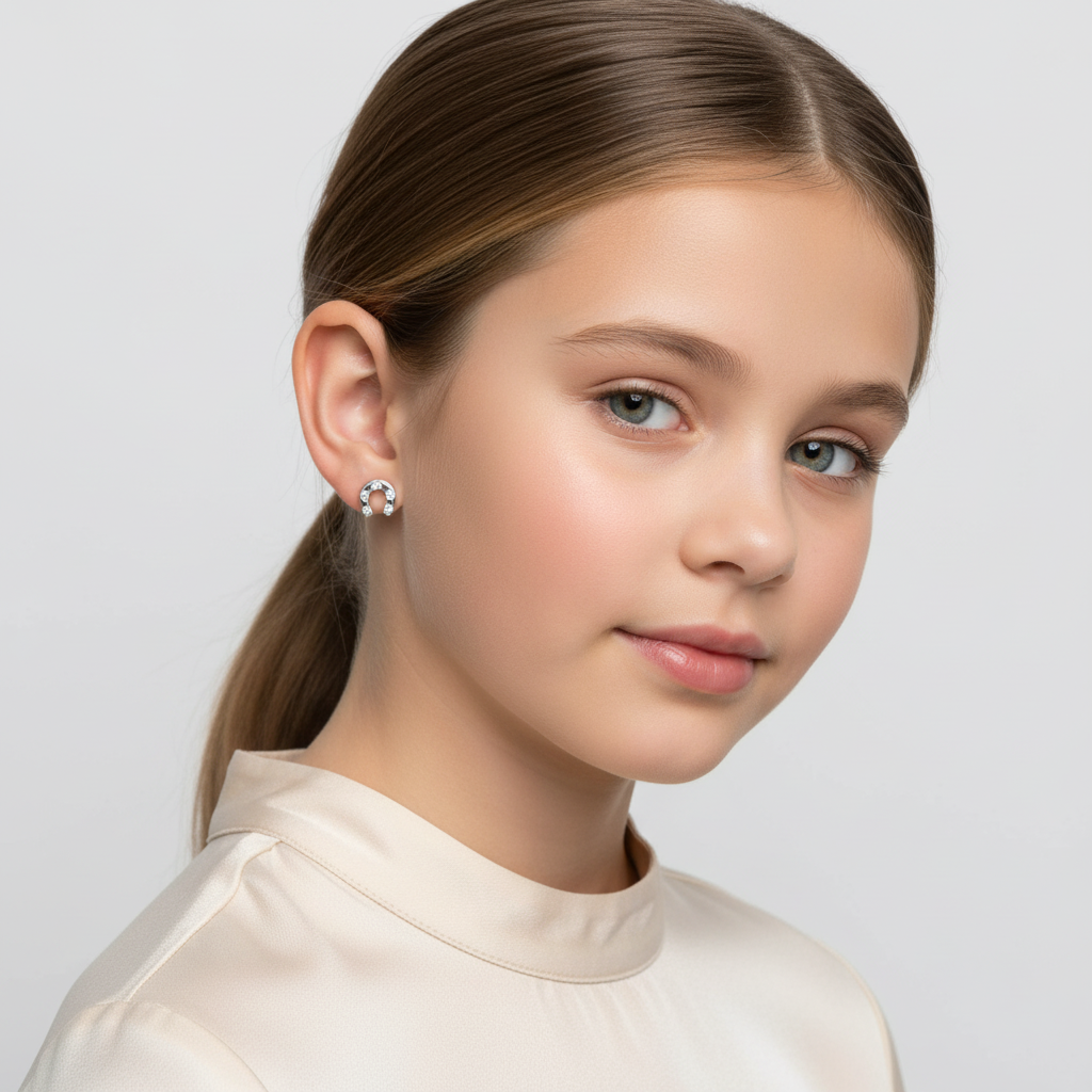 Young woman wearing sterling silver horseshoe earrings by Melchior Jewellery with a polished finish