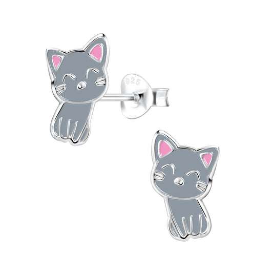 Children's Sterling Silver Grey Cat Stud Earrings - Melchior Jewellery