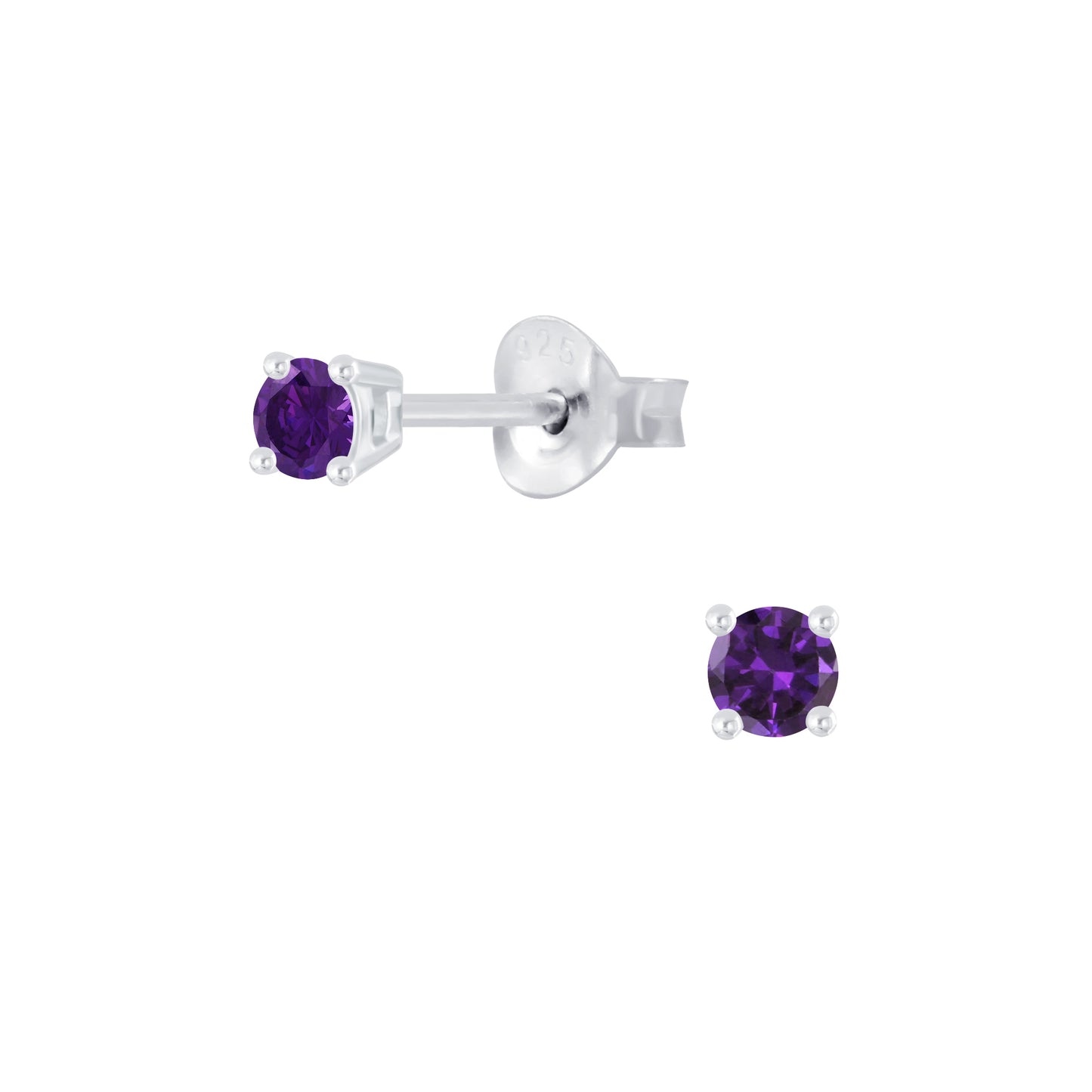 Sterling Silver 3mm Round Amethyst Cubic Zirconia Stud Earrings - Melchior Jewellery
