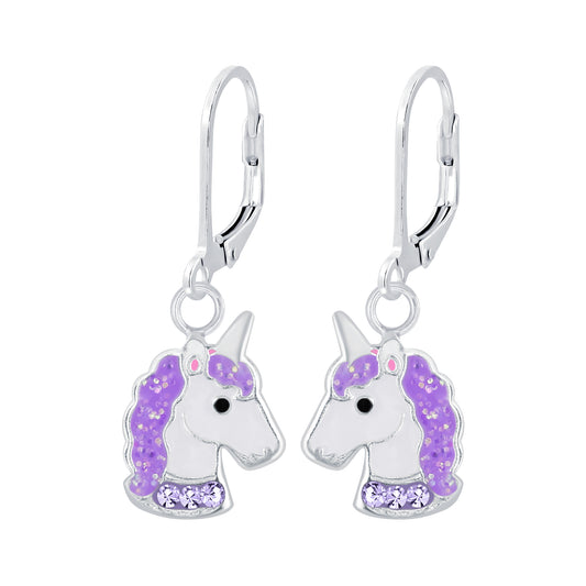 Children's Sterling Silver Sparkly Purple Unicorn Leverback Earrings - Melchior Jewellery