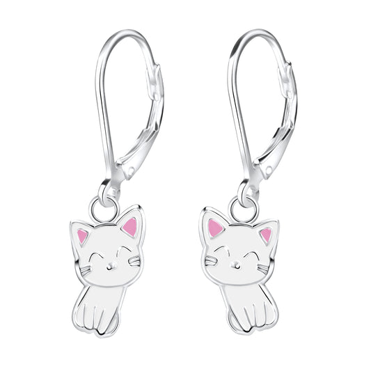 Children's Sterling Silver Cat Leverback Earrings - Melchior Jewellery