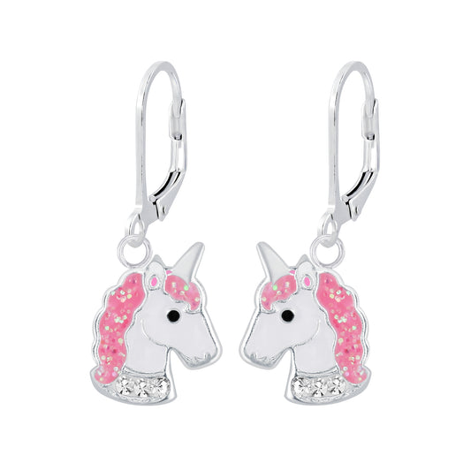 Children's Sterling Silver Sparkly Pink Unicorn Leverback Earrings - Melchior Jewellery