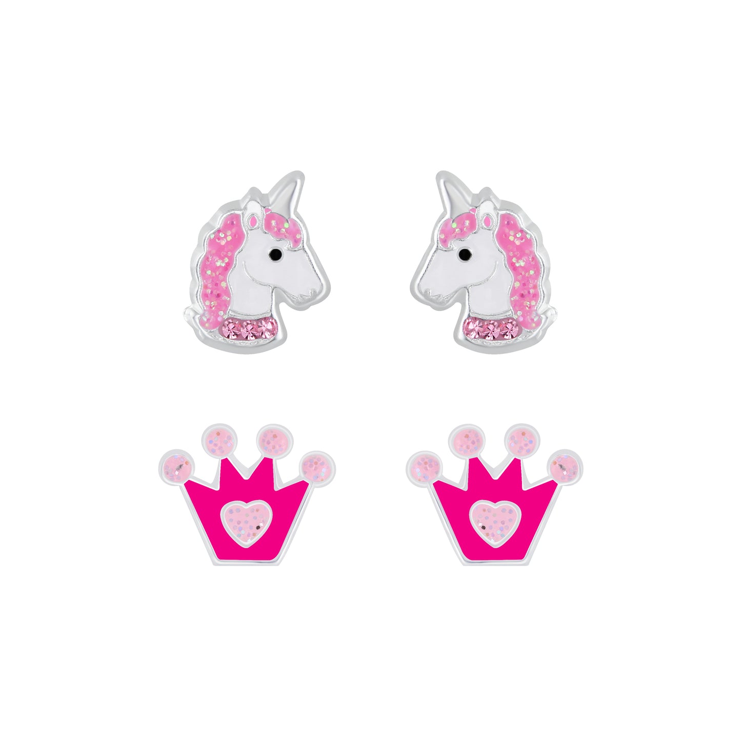 Children's Sterling Silver Unicorn and Crown Stud Earrings Set of 2