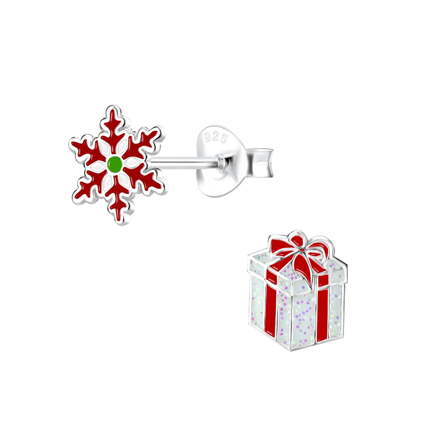 Children's Sterling Silver Red Snowflake & Present Stud Earrings