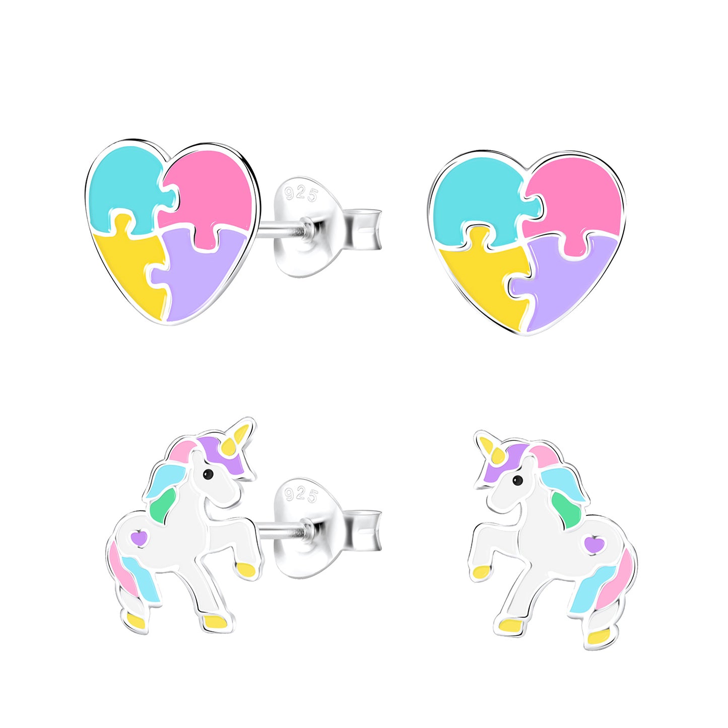 Children's Sterling Silver Unicorn Lovers Stud Earrings Set of 2