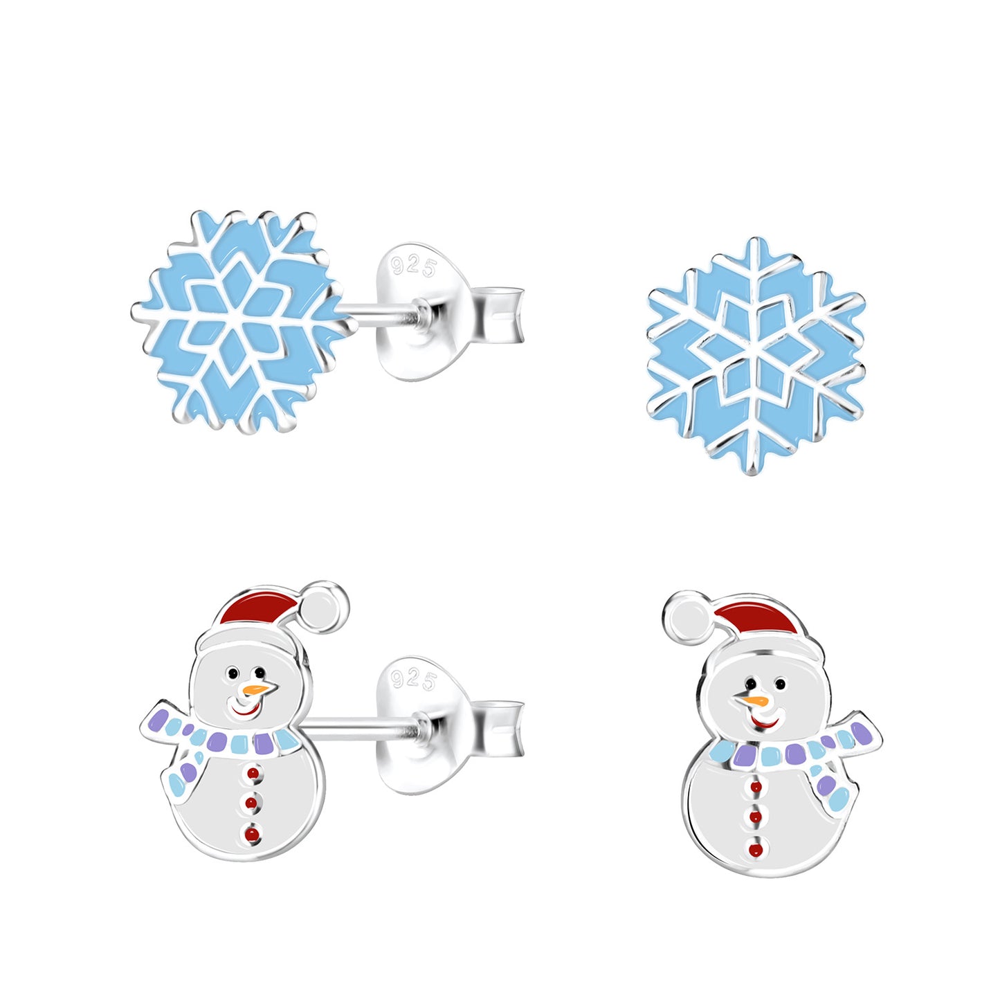 Children's Sterling Silver Set of 2 Pairs Christmas Themed Stud Earrings