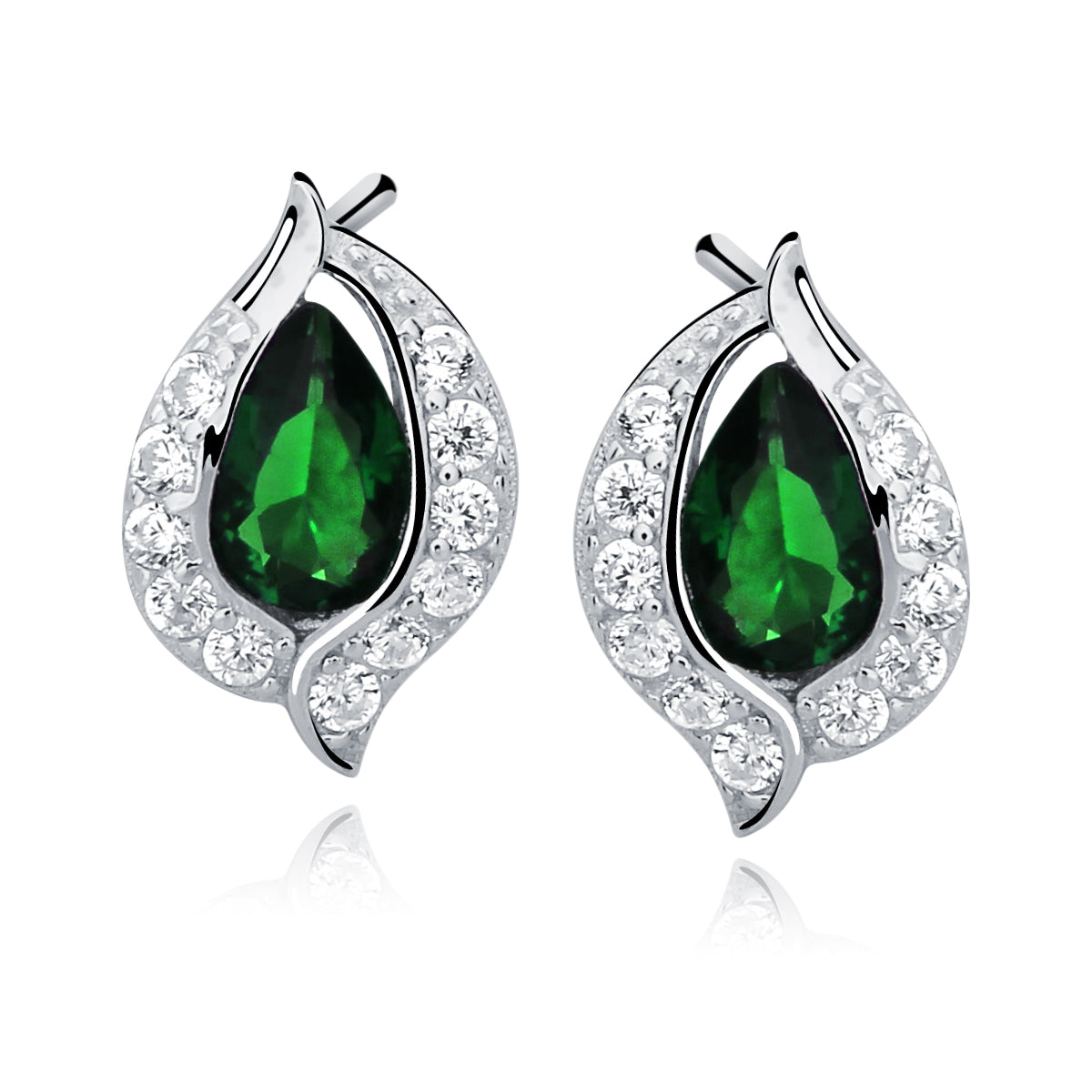 Sterling Silver Pear Shape Emerald & Cubic Zirconia Stud Earrings - Melchior Jewellery
