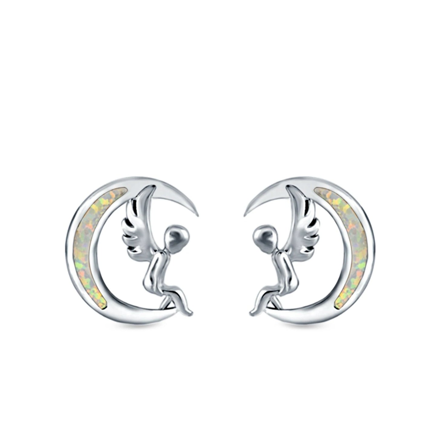 Sterling Silver Moon & Angel White Opal Stud Earrings - Melchior Jewellery